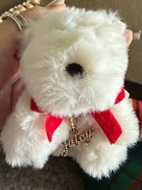 Juicy Couture NWOT White Teddy Bear Keychain with Red Bow and Rhinestone Charm